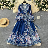 Fongt Court Retro Cross V Tie With Belt Lantern Sleeve Print Big Pendted Dress Woman 2025 Spring