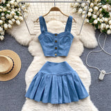 Fongt Port Style Retro Hottie Set Short Sling Vest With Mini Half-Dress Denim Two-Piece Tide