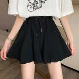 Summer Shorts Skirts Women Elastic High Waist Casual Wide Leg Shorts Korean A Line Mini Skirt Oversized Black Short Pants-Outfit