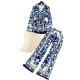 Fongt Fashion Positioning Print Strapping Belt Collar Long Sleeve Top Female High-Waist Broad Leg Straight Trousers Set