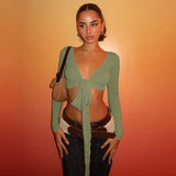 Fongt 2025 New Fashion Spice Girls Solid Color Sexy V Tie With Supple Short-Anxed Long-Sleeved Shirt Coat