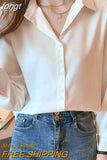 Women's Silk Shirts V-neck Solid Laides Tops Womens 2023 Spring Fashion Satin Long Sleeve Blouses Button Up White OL Vintage