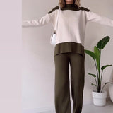 Fongt Autumn New Fashion Splicing Color Blouse Loose Wide Leg Trousers Set Women
