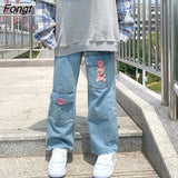 Kawaii Harajuku Jeans Women Embroidery Japan Preppy Style Denim Pants Sweet Cute Trousers Loose Baggy Student