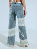 Fongt Style Hot Lace Spliced Straight Jeans Women's Summer Strap Design Prints Denim Trousers