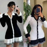 Fongt Small Fragrant Style Elegant Body V Collar Long-Sleeved Lotus Side Knitted Dress