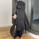 Fongt 2023 New French Hepburn Wind Solid Color High Collar Waist Cake Dress Woman-Outfit