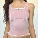 Pink Sweet Coquette Cropped Top Women Cute Bandage Bow Patchwork Metal Star-shape Tank Top Kawaii Summer Tees y2k Vintage-Outfit