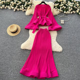 Fongt Fashion Strap To The Waist Horn Sleeve Lotus Loaf Under The Pendulum Folding Folding Top + High-Waisted Fish Tail Half-Body Dress