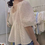 Blouse T-shirt Women Square Collar Puff Sleeve Big Hem High Waist Tops Shirts Female Casual