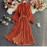 Fongt Shirt Collar Wave Dot Dress Spring And Autumn New Gentle Wind Temperament To Close The Waist Of The Big Folded Fork Woman