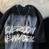 Cotton Material Retro Street Hip-hop Tie-dye Graffiti T-shirt Men Women Cool Cross Chain Fashion Top Summer Oversized-Outfit