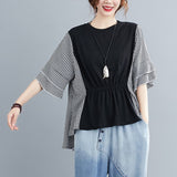 Plaid Patchwork Loose T-shirt Women's Clothing Summer Half Sleeve Casual All-match Shirring Stylish O-Neck Pullovers-Outfit