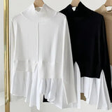 New 2021 Women Autumn Winter Sweaters Knitted Turtleneck Patchwork Irregular Vintage Wild Pullovers Short Tops