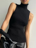 Sweater Pullover Turtleneck Women Ribbed Fashion Sleeveless High Waist Knitwear Top Slim Streetwear Female Pullover-Outfit
