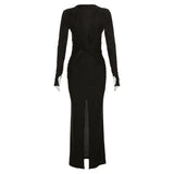 Ruched Dress Women Elegant Fall Trend Solid O-Neck Birthday Banquet Party Chic Split Maxi Bodycon Slim Vestidos-Outfit