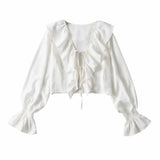 Ruffled V-neck Lace-up White Lace-up Trumpet Sleeve Long-sleeved Top Summer Spring Temperament Beach New Top Crop