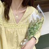 Women Vintage Lace Blouse V-Neck Solid Long Sleeve Beach Shirts for Women Summer Casual Loose Boho