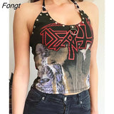 Y2K Gothic Black Summer Halter Camis Women Streetwear Print Rivet Fashion Sexy Crop Top Punk Grunge Slim Sleeveless