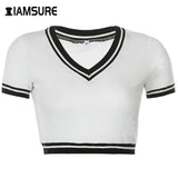2020 Summer Patchwork V Neck Slim Outfits Ribbed T-Shirt For Women Korean Style Casual Basic Female Crop Tops