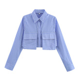 Fongt 2025 New Pocket Decorated With Blue Striped Short-Sleeved Shirt For Women