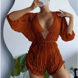 Fongt Long Sleeve Mesh Harness Waist One-Piece Swimsuit High Waist Print Drawn Rope Three-Piece