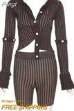 Piece Set Women Stripe Printed Knitted Outfits Sexy Single Breasted Blouses+High Waist Shorts 2023 Spring Fall Fairy