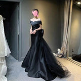 Black Evening Dress Women's 2025 New Word-Shoulder High-End Dinner Light Luxury Small Fishtail Dress High