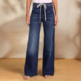 2025 New Women's Wear With Elastic Jeans Straight Temperament Broad Leg Trousers