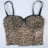 Retro Leopard Print Camis Vintage 2000s Bow Stitched Sleeveless Lace Strap Crop Top Women Summer See Through Mesh Tee y2k-Outfit