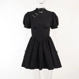 Dark Chinese Style Vintage Cheongsam Dresses Mall Gothic Jacquard Elegant Black Women Dress Puff Sleeve Grunge Alt