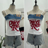 Fongt Edge Denim Spliced Letter Embroidered Sling Sling Vest T-Girls Short Top 23098