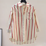 Fongt 2025 Spring And Autumn New Korean Version Of Small Fresh Cardigan Striped Print Single Pocket Loose Long-Sleeved Shirt Woman