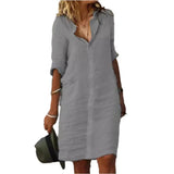 Fongt Ms.'S New Solid-Color Casual Casual Collar Single-D Row Buckle Sleeve Cotton Shirt Mid-Long Dress