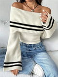 Fongt Women's Single-Word Shoulder-To-Shoulder-To-Shoulder-Tuck Knitted Horns