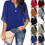 Fongt Women's Women's Short Sleeve Elegant Casual Solid Color V Collar Chiffon Shirt Chiffon