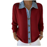 Fongt Uniquely Designed Cowboy Splicing T-Shirt For Women's Spring Sweater T-Shirt With Thin Long Sleeve Top