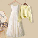 Women Spring dresses Two Pieces Sets Korean Long Sleeve Pullover Knitted Sweater And Ruffles Patchwork Mesh Dress
