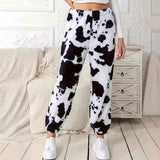 Fongt Ms. Autumn And Winter Fashion Explosion Cow Print Pattern Lady Loose Fashion Trousers Plush