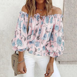 Off-shoulder Chiffon Blouse Street Women's Loose Printed Long-sleeved T-shirt