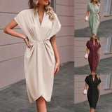 Fongt V-Neck Temperament Elegant Irregular Sleeves Of Pure Color Bag Dress