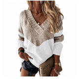 Fongt Autumn Women's Knitted Shirt V-Neck Splicing Long-Sleeved Simple Knitted Sweater Simple Match