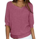 Fongt New Solid Color Round Knit Shirt Women Commuting Elegant Seven-Sleeve Top Air-Conditioning Shirt