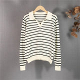 New 2021 Women Autumn Winter Sweaters Wool Knitted Elegant Striped Vintage Fashionable Pullovers Lady Tops