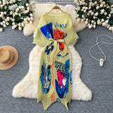 Fongt High-End Dress Women Design Feel Strapped Waist Bat Sleeve Pressure Fold Printing Irregular Dress Dress