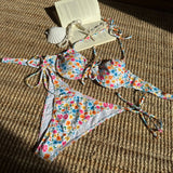 2025 New Small Fresh Floral Print Sexy Strap Bikini Split Swimsuit