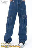 Waist Blue Womens Loose Jeans 2023 Streetwear Fashion Y2K Pockets Straight Leg Denim Trousers Retro Mom Jeans Cargo