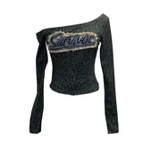 Fongt Girls Letter Sticker Leopard Long-Sleeved T-Shirt 2025 Autumn New Thin Short Top 1112