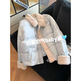 Fongt Milk Blue Splicing Short Cotton Clothes Women Wear Thick Warm Cotton Clothes Loose Thin Coat Top