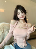 Girl One-line Shoulder Neck Long Sleeve T-shirt Tight Irregular Drawstring Slimming Top Base Shirt-Outfit